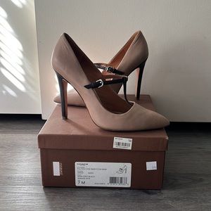 Coach t-strap Fulton Cow Baby heels, Mink Grey/Black, Size 7M